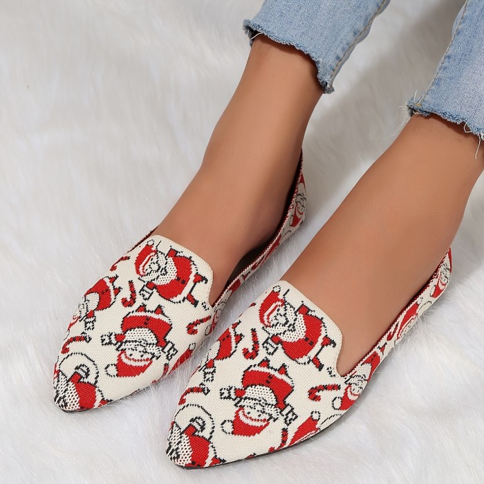 Women's Cartoon Santa Claus Casual Flats, Slip On Lightweight Comfy Knitted Shoes, Soft Sole Daily Christmas Shoes