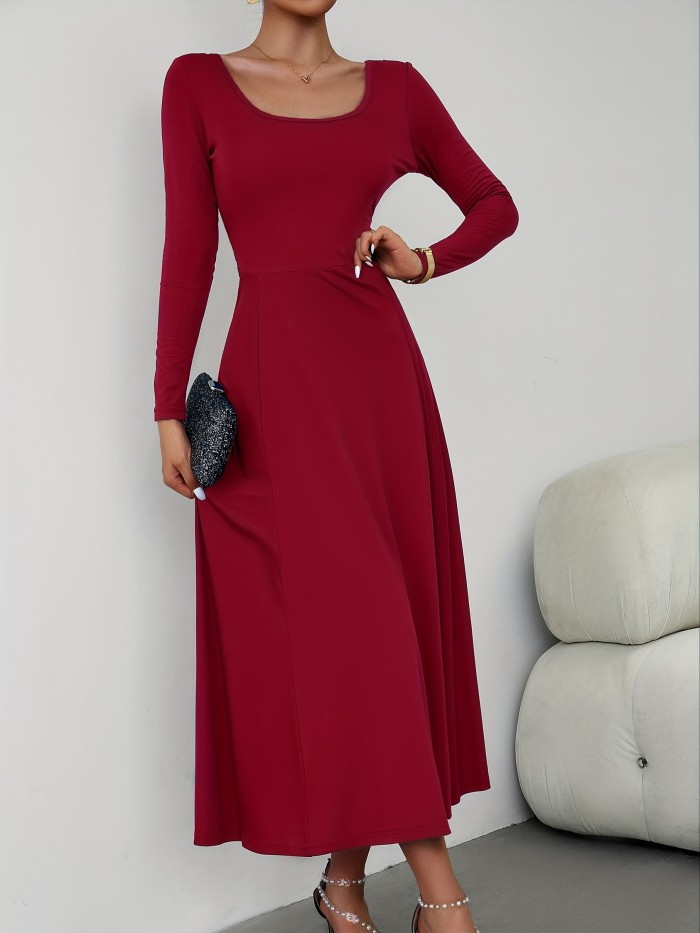 Solid Simple Dress, Elegant Squared Neck Long Sleeve Maxi Dress, Women's Clothing