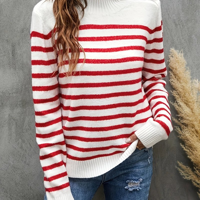 Striped Mock Neck Pullover Sweater, Casual Button Long Sleeve Comfy Sweater, Women's Clothing
