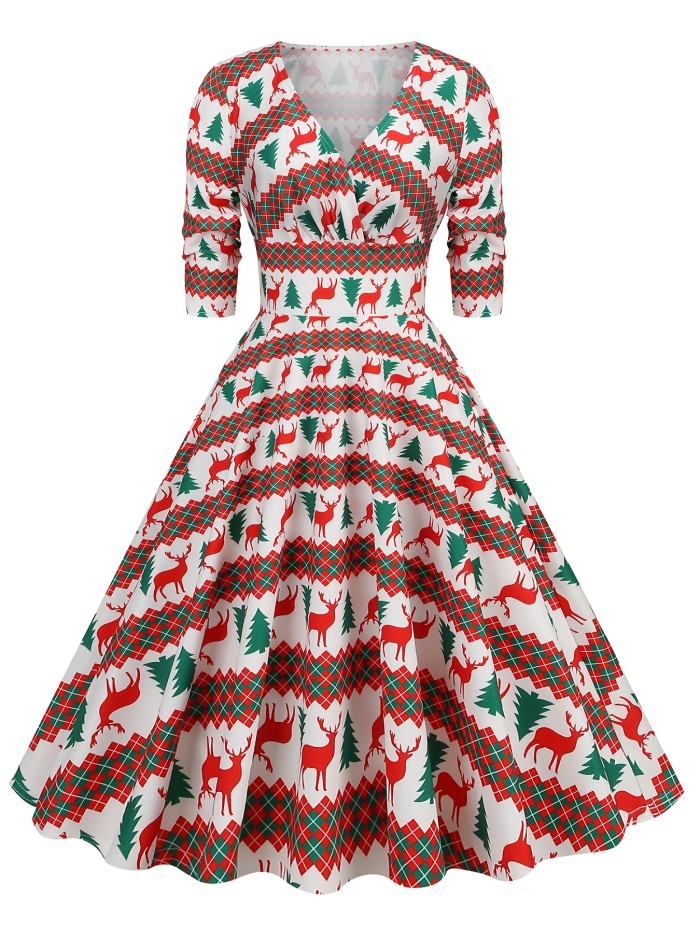 Christmas Tree Print Dress, Vintage V Neck A Line Party Dress, Women's Clothing