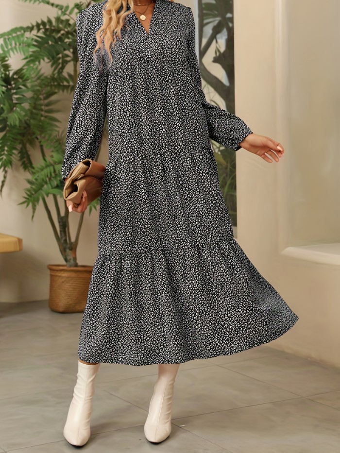 Leopard Print Tiered Dress, Casual V Neck Long Sleeve Maxi Dress, Women's Clothing