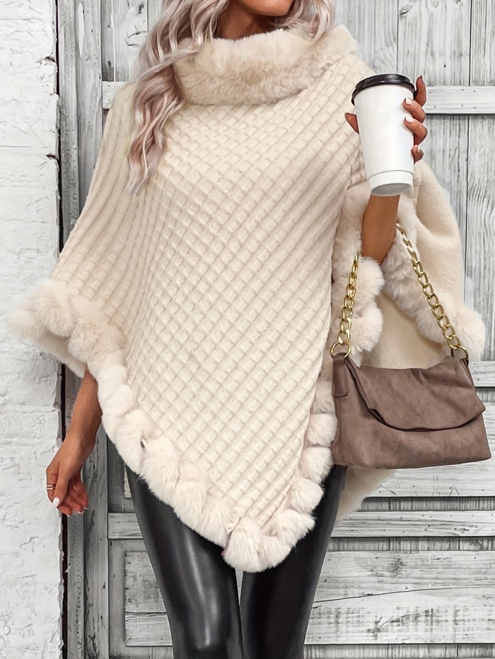 Fur-Trim Hanky Hem Pullover Sweater, Elegant Long Sleeve Turtle Neck Sweater For Winter, Women's Clothing