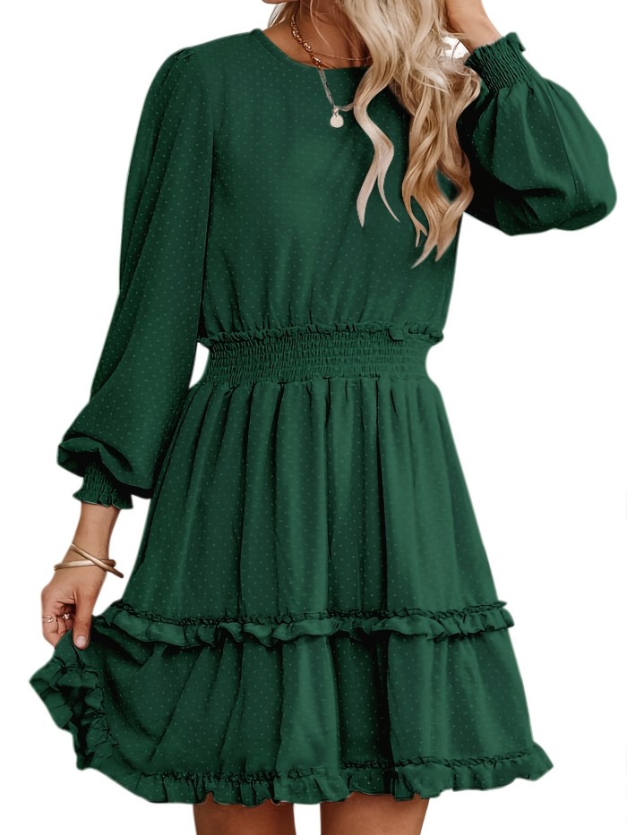 Lettuce Trim Solid Dress, Casual Lantern Sleeve Shirred Waist Dress, Women's Clothing