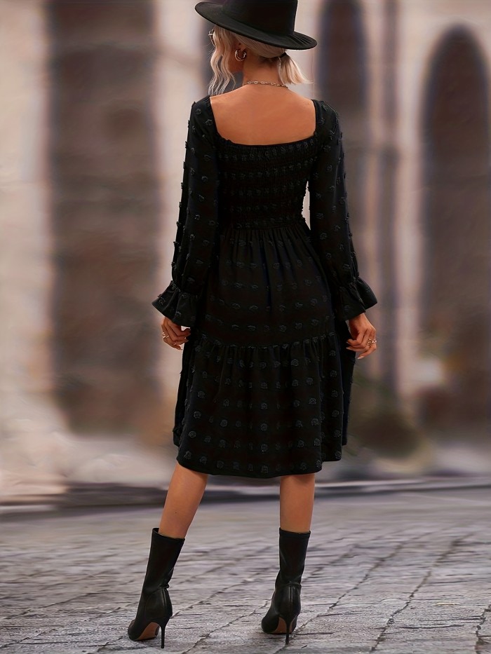 Solid Swiss Dot Square Neck Dress, Elegant Long Sleeve Ruffle Trim Dress, Women's Clothing