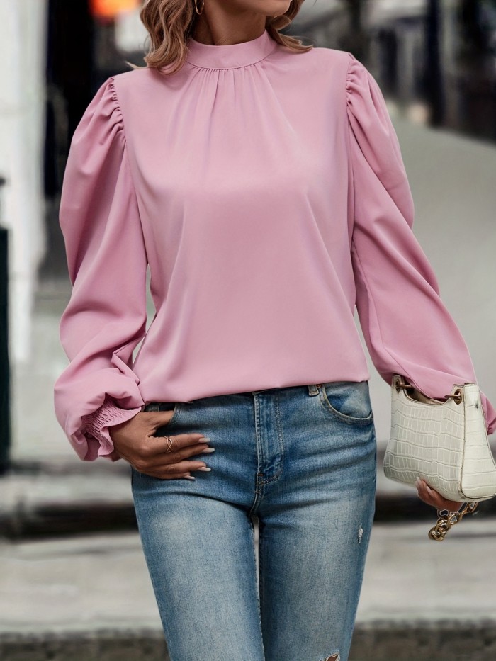Mock Neck Puff Sleeve Blouse, Casual Solid Blouse For Spring & Fall, Women's Clothing