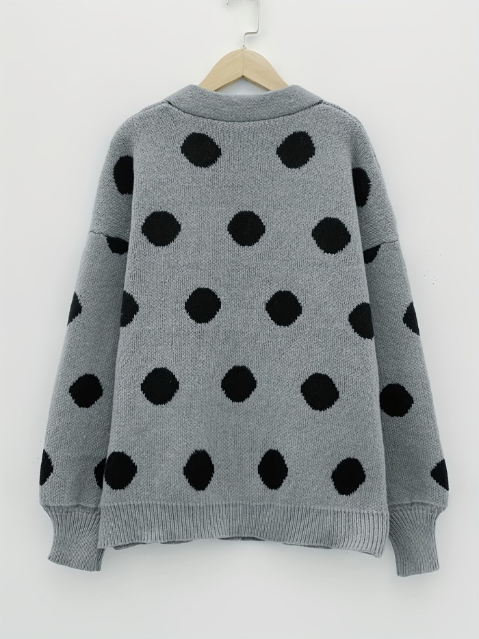 Polka Dot Open Front Knit Cardigan, Casual Long Sleeve Loose Fashion Sweater, Women's Clothing