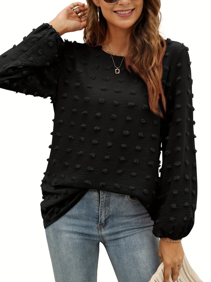 Plus Size Casual Top, Women's Plus Swiss Dot Long Sleeve Round Neck Slight Stretch Tunic Top