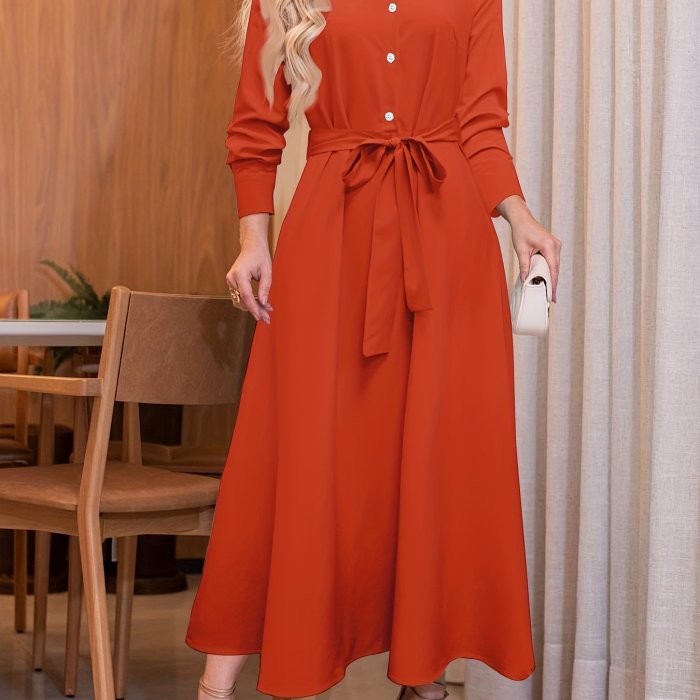 Shirt Collar Maxi Dress, Long Sleeve Solid Casual Dress, Women's Clothing