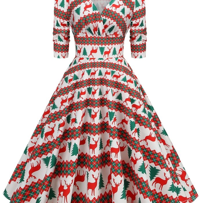 Christmas Tree Print Dress, Vintage V Neck A Line Party Dress, Women's Clothing
