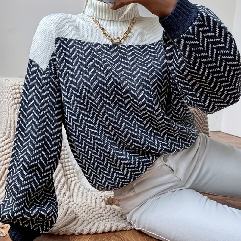 Color Block Striped Pullover Sweater, Casual Turtle Neck Long Sleeve Loose Sweater, Women's Clothing