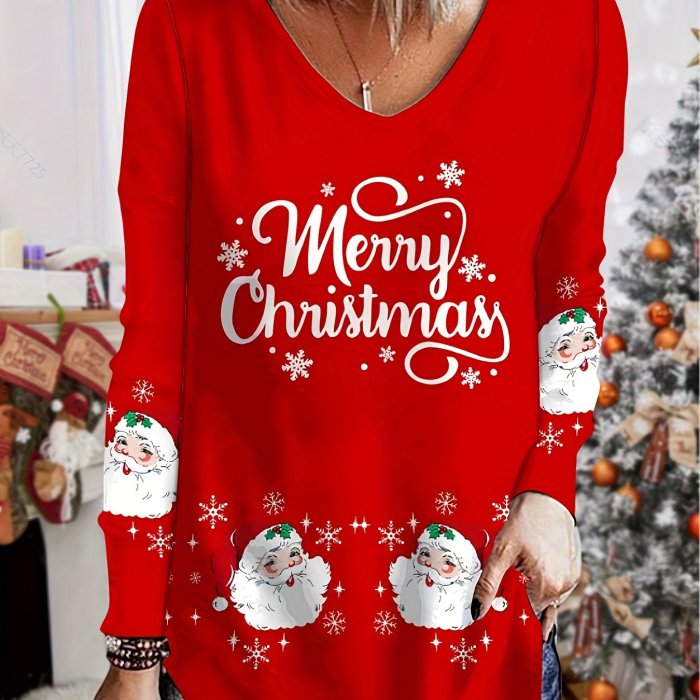 Christmas Santa & Letter Print T-Shirt, Casual Crew Neck Long Sleeve  Blouses & Shirts
