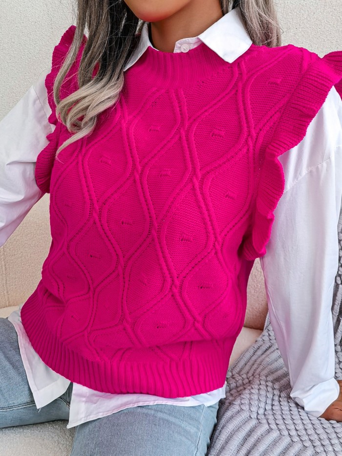 Women's Sweater Ruffle Hem Texture Sweater Vest