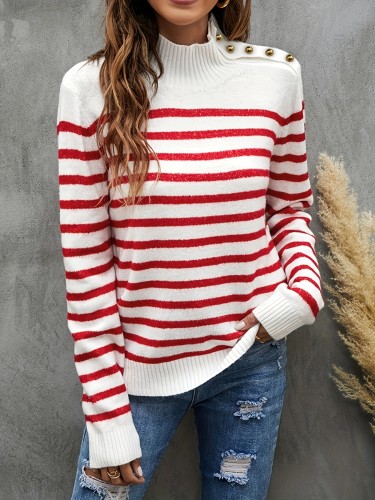 Striped Mock Neck Pullover Sweater, Casual Button Long Sleeve Comfy Sweater, Women's Clothing