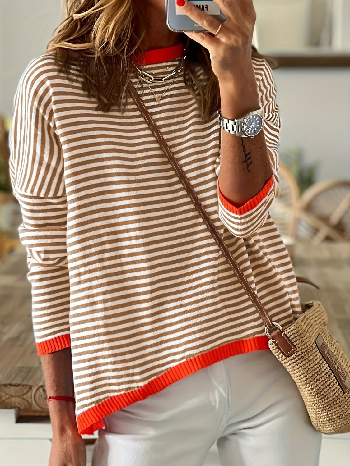 Striped Sweater Women Knitted Crew Neck Pullover Sweater