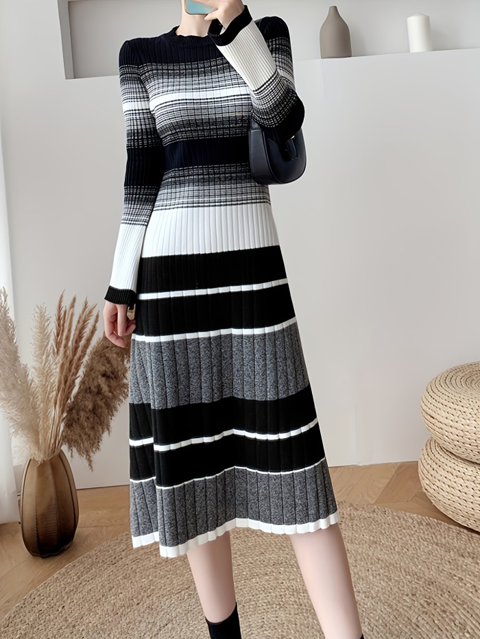 Striped Print Long Sleeve Knit Dress, Chic Crew Neck A-line Dress For Fall & Winter, Women's Clothing