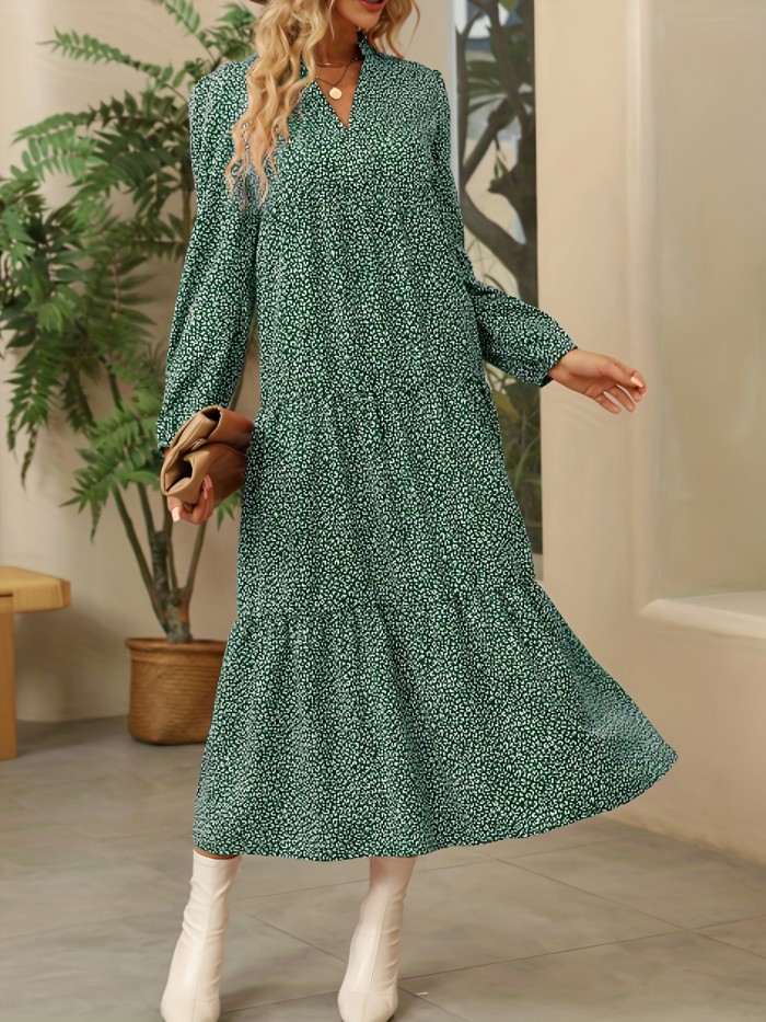 Leopard Print Tiered Dress, Casual V Neck Long Sleeve Maxi Dress, Women's Clothing