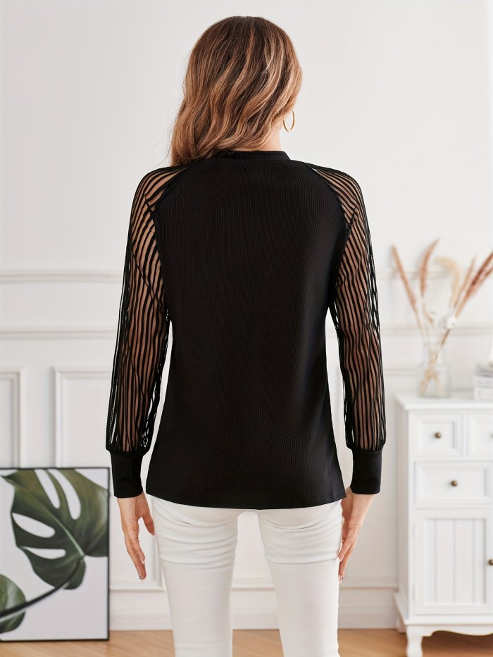 Semi-sheer Stripe Mesh Stitching Blouse, Casual Ribbed Crew Neck Long Sleeve Blouse, Women's Clothing