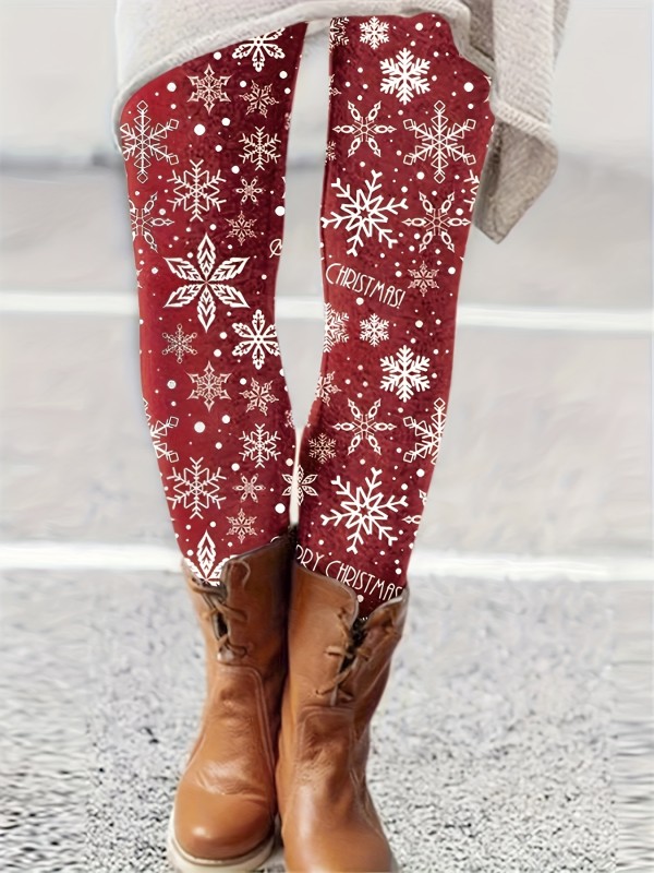 Christmas Snowflake & Letter Print Leggings, Casual Every Day Stretchy Leggings, Women's Clothing