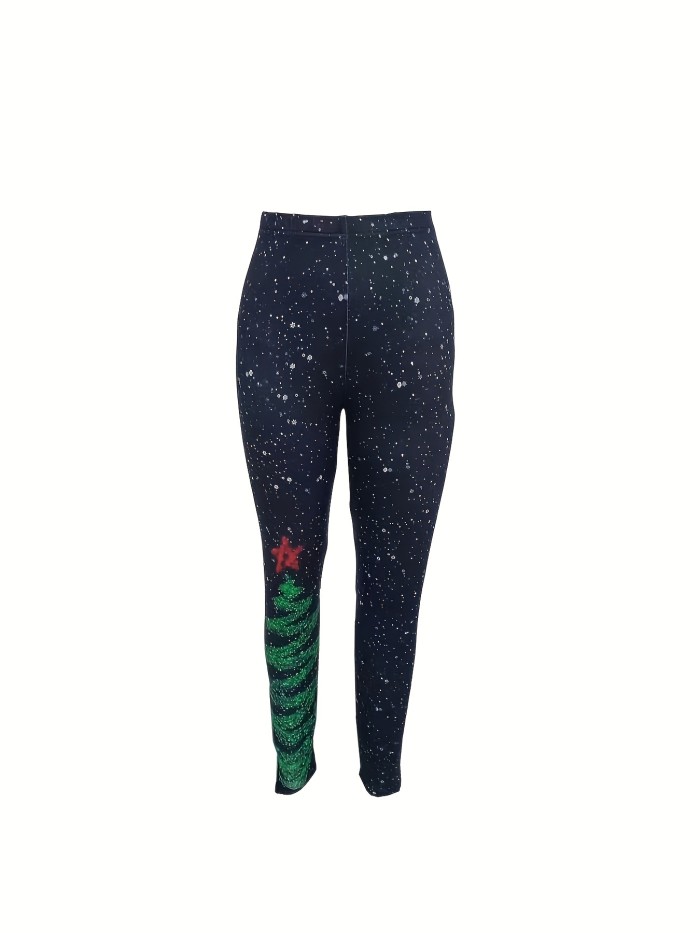 Christmas Tree & Snow Print Leggings, Casual Every Day Stretchy Leggings, Women's Clothing