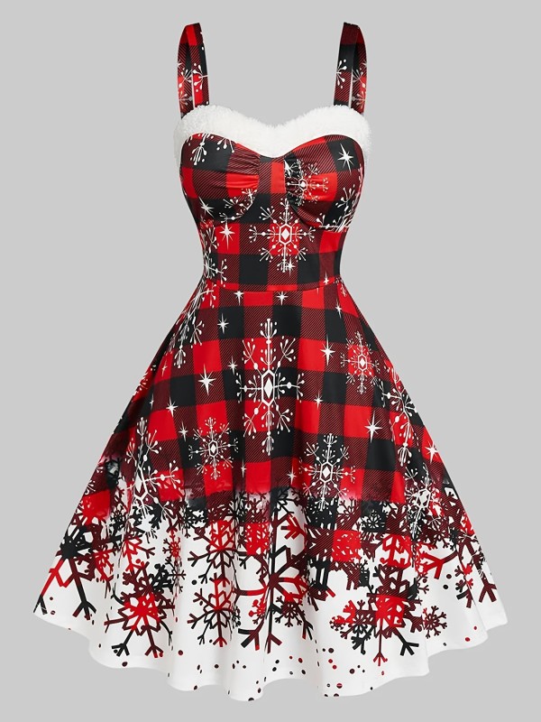 Women's Vintage Christmas Daily Dresses Sleeveless V-Neck Snowflake Print Flared Cocktail Party Dress