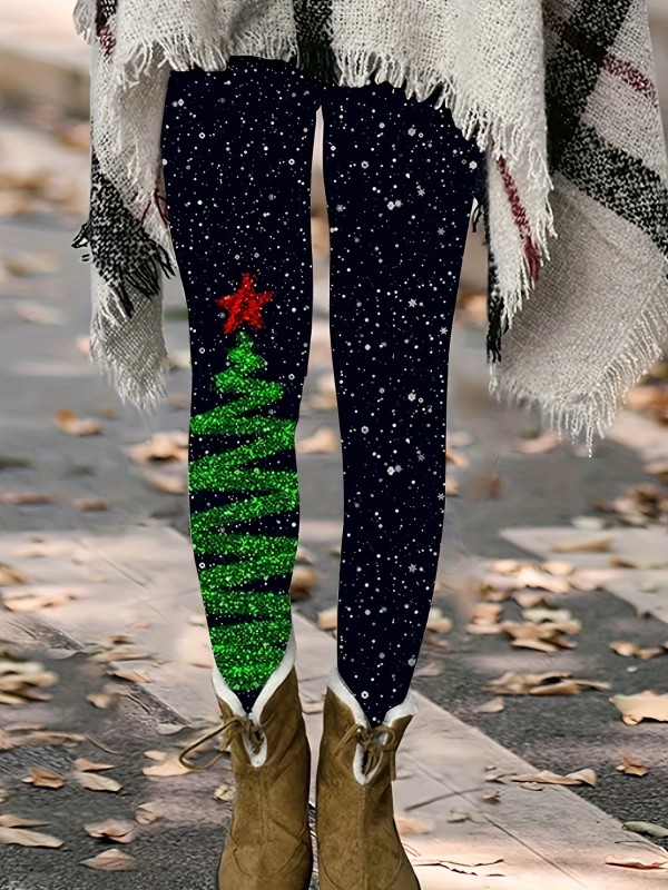 Christmas Tree & Snow Print Leggings, Casual Every Day Stretchy Leggings, Women's Clothing