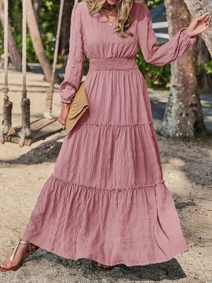 Solid Tiered Dress, Elegant Shirred Waist Lettuce Trim Long Sleeve Dress, Women's Clothing