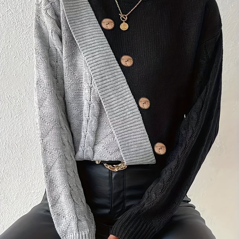 Two-tone Mock Neck Pullover Sweater, Casual Button Front Long Sleeve Sweater, Women's Clothing