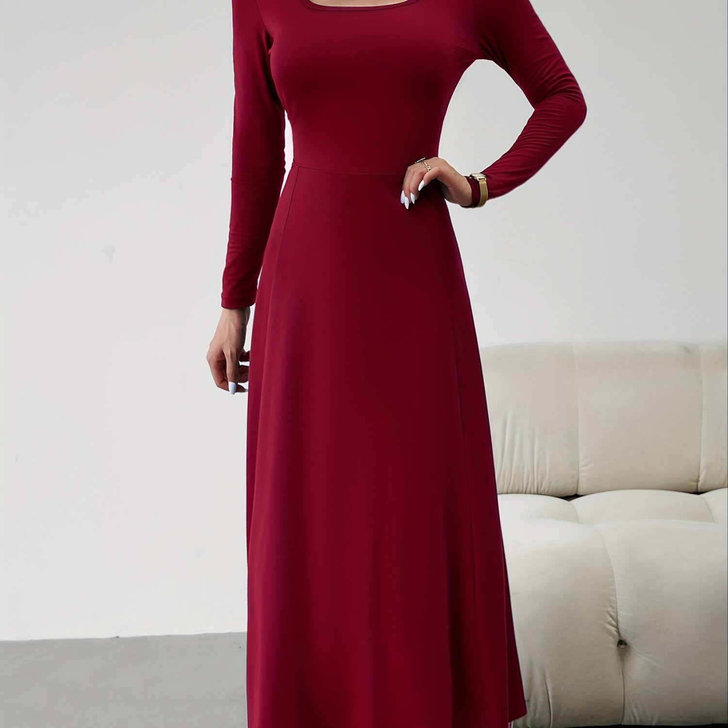 Simple square neck long sleeve dress