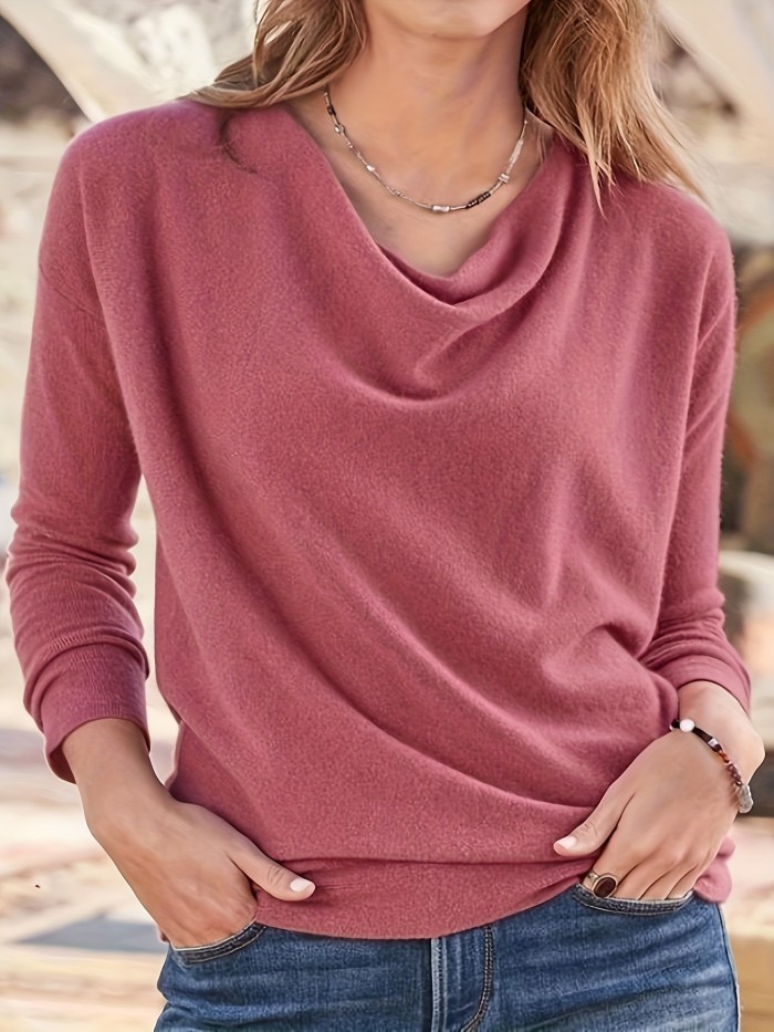 Solid Draped T-shirt, Casual Long Sleeve Simple T-shirt, Women's Clothing