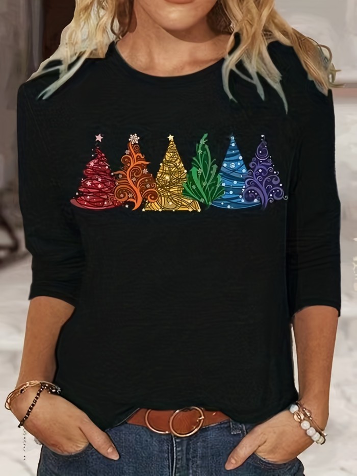 Christmas Tree Print Crew Neck T-Shirt, Casual Long  Sleeve T-Shirt For Spring & Fall, Women's Clothing