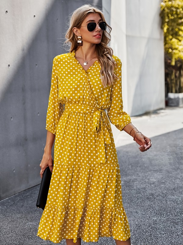 Polka Dot Midi Dress, V-Neck Tie Waste Dress, Casual Dresses For Spring & Fall, Women's Clothing