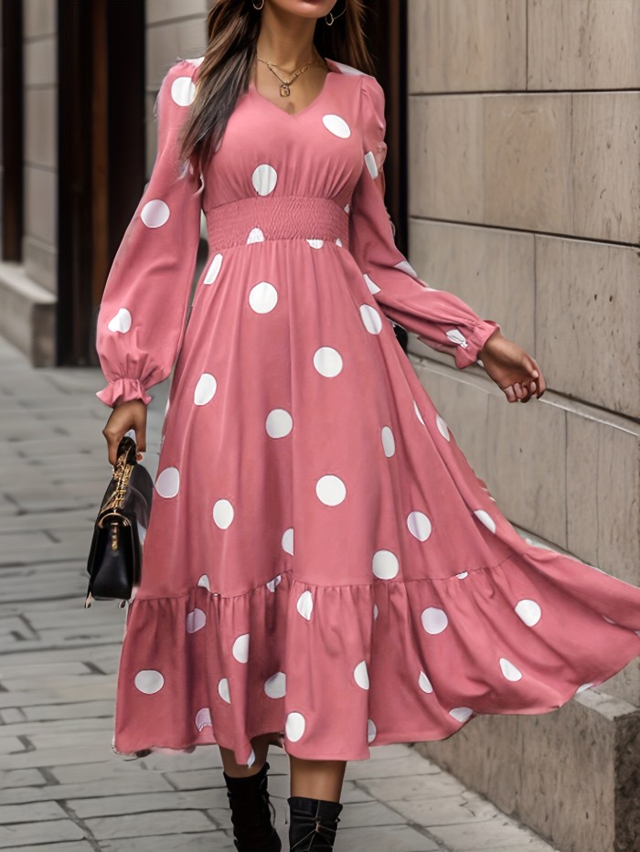 Polka Dot Print Shirred Waist Dress, Casual V Neck Long Sleeve Ruffle Hem Dress, Women's Clothing