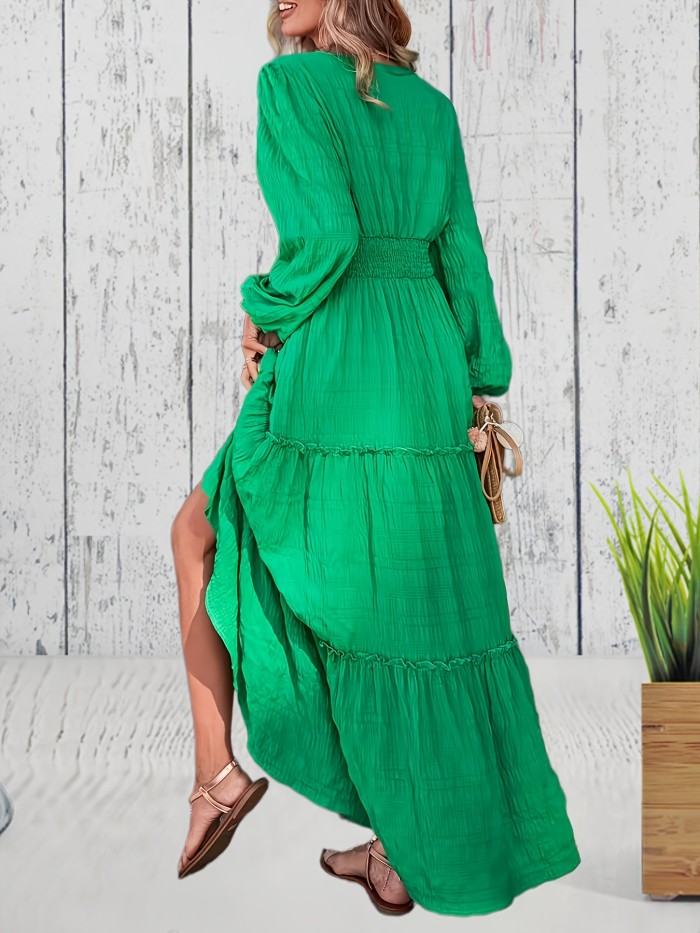 Solid Tiered Dress, Elegant Shirred Waist Lettuce Trim Long Sleeve Dress, Women's Clothing