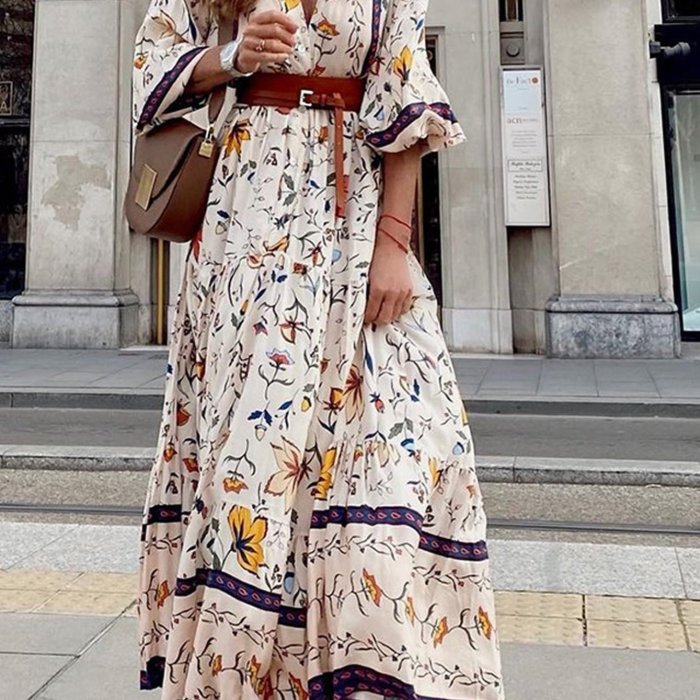 Women's Bohemian Long Dress With Split Belt And Vintage Print