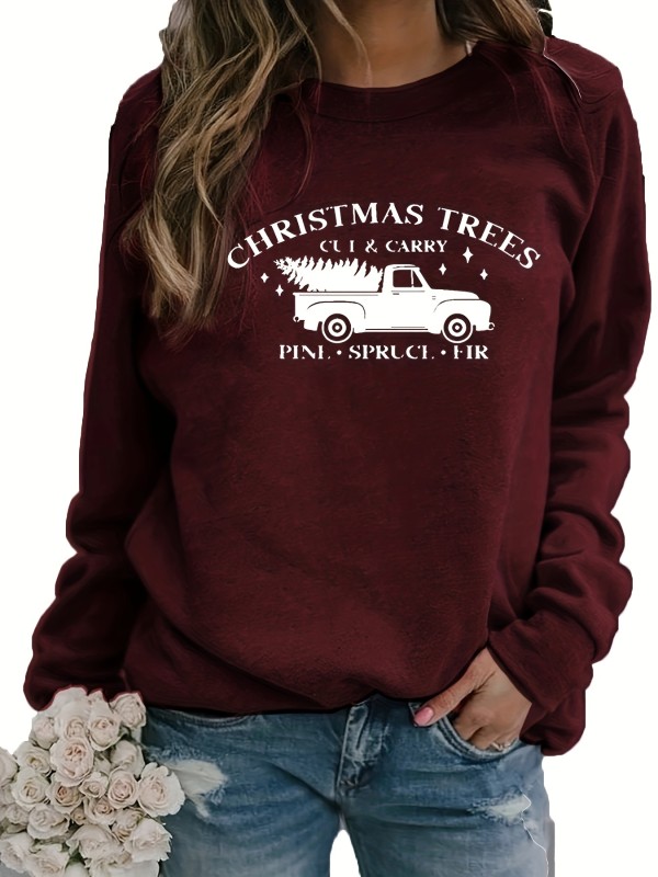 Christmas Tree & Truck Pattern Sweatshirt, Casual Raglan Sleeve Crew Neck Sweatshirt For Fall & Winter, Women's Clothing
