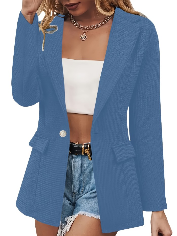 Waffle Grid Button Front Blazer, Elegant Notched Collar Long Sleeve Blazer For Office & Work, Women's Clothing