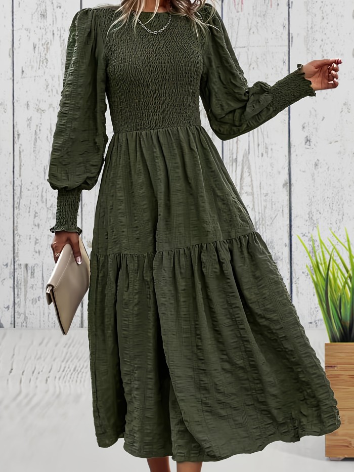 Textured Shirred Dress, Elegant Long Sleeve Tiered Dress, Women's Clothing