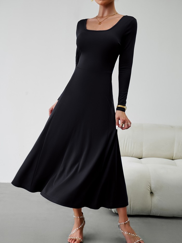 Solid Simple Dress, Elegant Squared Neck Long Sleeve Maxi Dress, Women's Clothing