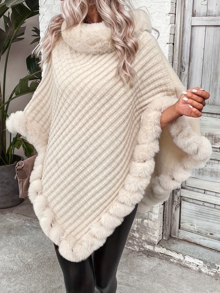 Fur-Trim Hanky Hem Pullover Sweater, Elegant Long Sleeve Turtle Neck Sweater For Winter, Women's Clothing