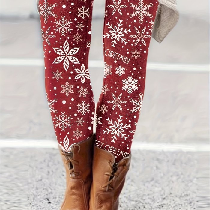 Christmas Snowflake & Letter Print Leggings, Casual Every Day Stretchy Leggings, Women's Clothing