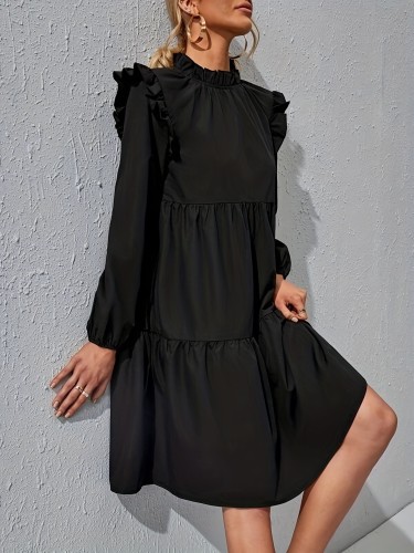 Solid Ruffle Hem Tiered Dress, Casual Lantern Sleeve Dress For Spring & Fall, Women's Clothing