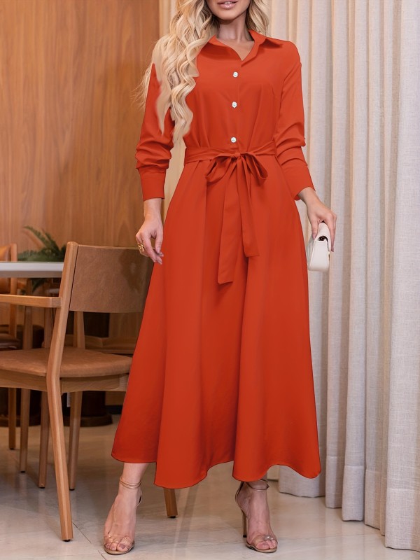 Shirt Collar Maxi Dress, Long Sleeve Solid Casual Dress, Women's Clothing