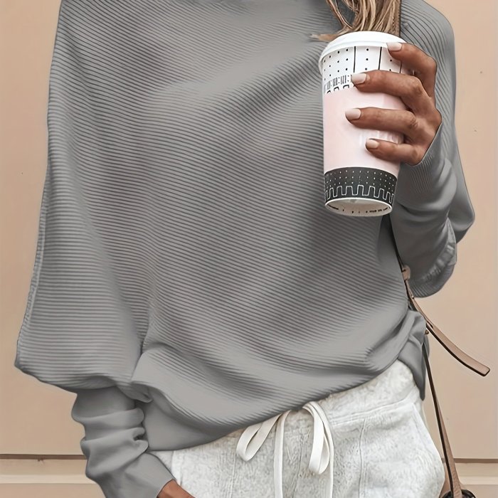 Solid Off Shoulder Pullover Sweater, Casual Long Batwing Sleeve Sweater For Spring & Fall, Women's Clothing