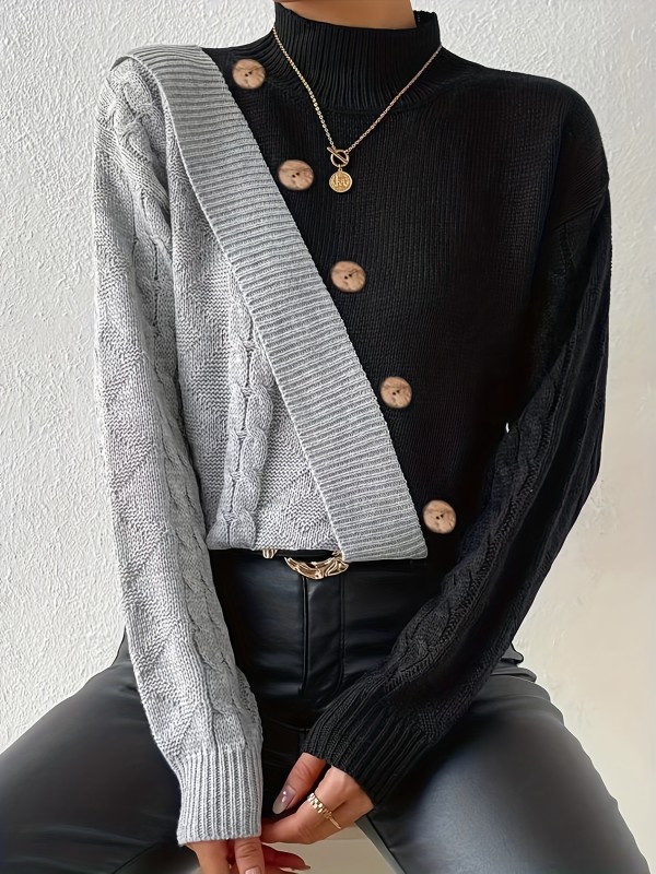 Two-tone Mock Neck Pullover Sweater, Casual Button Front Long Sleeve Sweater, Women's Clothing