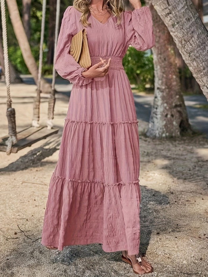 Solid Tiered Dress, Elegant Shirred Waist Lettuce Trim Long Sleeve Dress, Women's Clothing