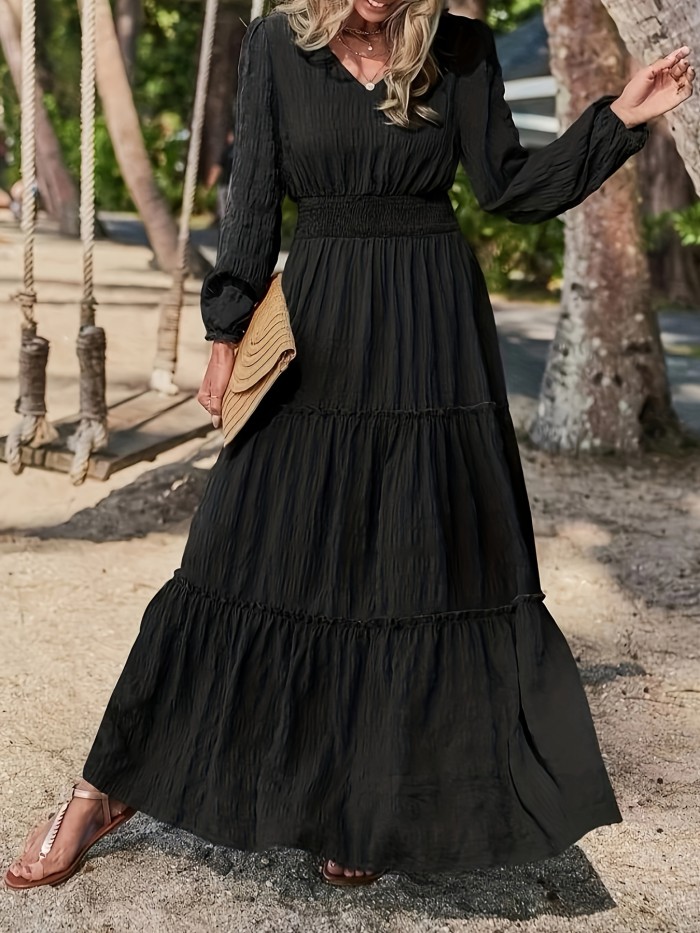 Solid Tiered Dress, Elegant Shirred Waist Lettuce Trim Long Sleeve Dress, Women's Clothing