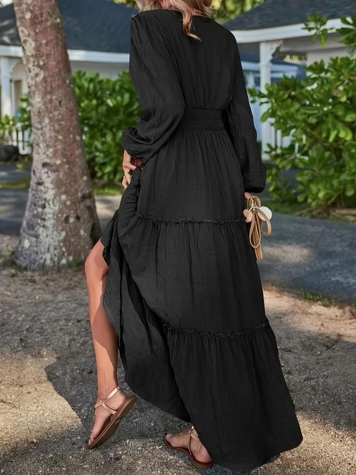 Solid Tiered Dress, Elegant Shirred Waist Lettuce Trim Long Sleeve Dress, Women's Clothing