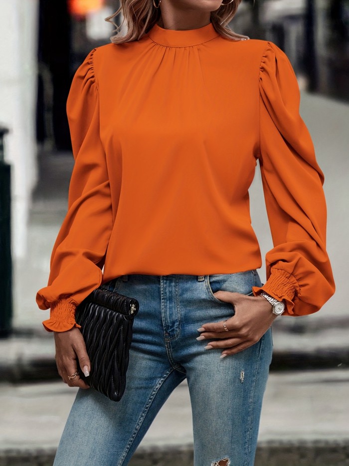 Mock Neck Puff Sleeve Blouse, Casual Solid Blouse For Spring & Fall, Women's Clothing