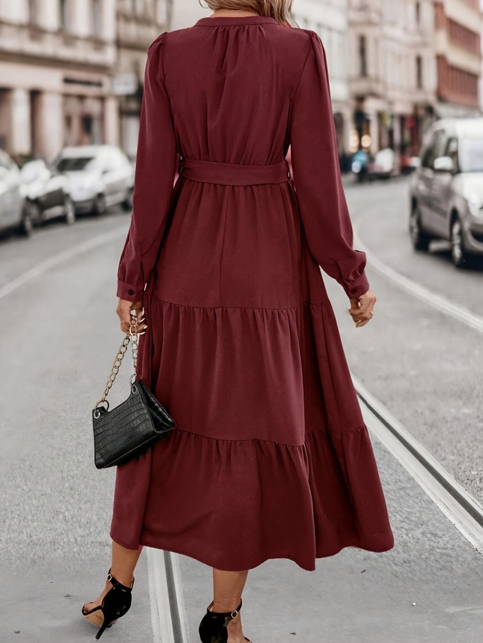 Tiered Maxi Dress, Casual V Neck Long Sleeve Solid Dress, Women's Clothing
