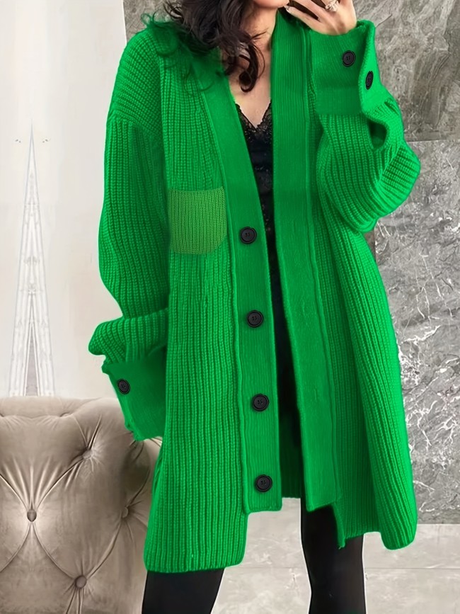 Solid Button Down Knit Cardigan, Casual Long Sleeve Loose Sweater Coat For Fall & Winter, Women's Clothing